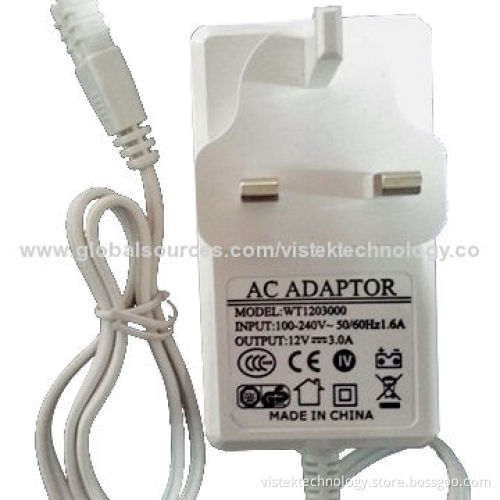 Vistek UK 12V/3A Wall Mount AC/DC Adapter, VST041 White Color, Low-ripple, Low-temperature
